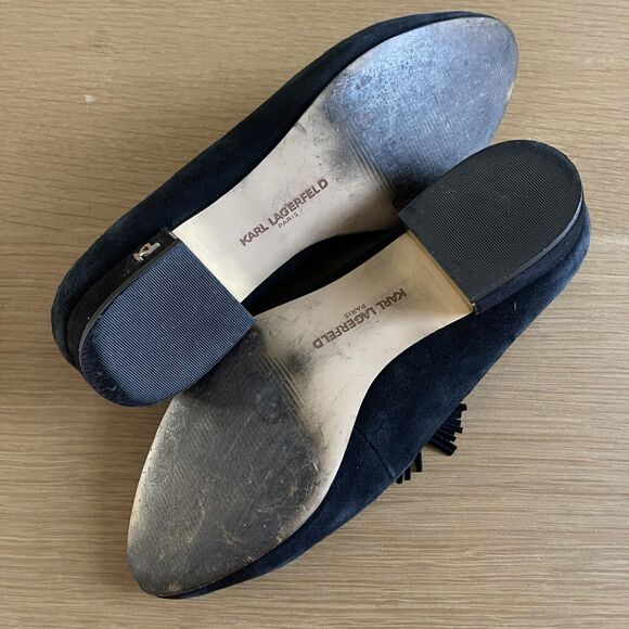 Women's Karl Lagerfeld Size 7.5 Black Suede Tassel Loafer Shoes Flats - Picture 7 of 7